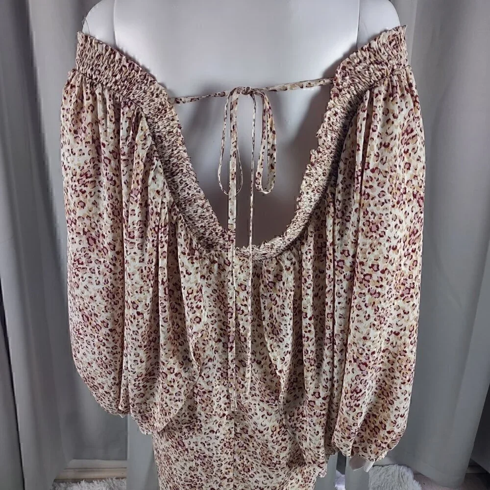 Jodifl Leopard Print Off Shoulder Smocked Balloon Sleeve Mini Dress Boho Size M - Picture 6 of 15